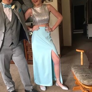 Light blue and silver prom dress with slit